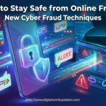 How to stay safe from online fraud illustration showing cyber fraud techniques, online scam awareness, digital security, and cybersecurity protection concepts.
