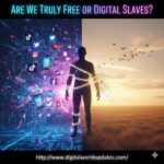 3D illustration of a person standing between glowing digital chains and open sky freedom, representing the theme “Are We Truly Free or Digital Slaves?” with dramatic neon lighting and futuristic background.