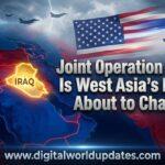 3D news graphic showing Iraq highlighted on Middle East map with US and Israel flags and headline about joint operation impact on West Asia politics.