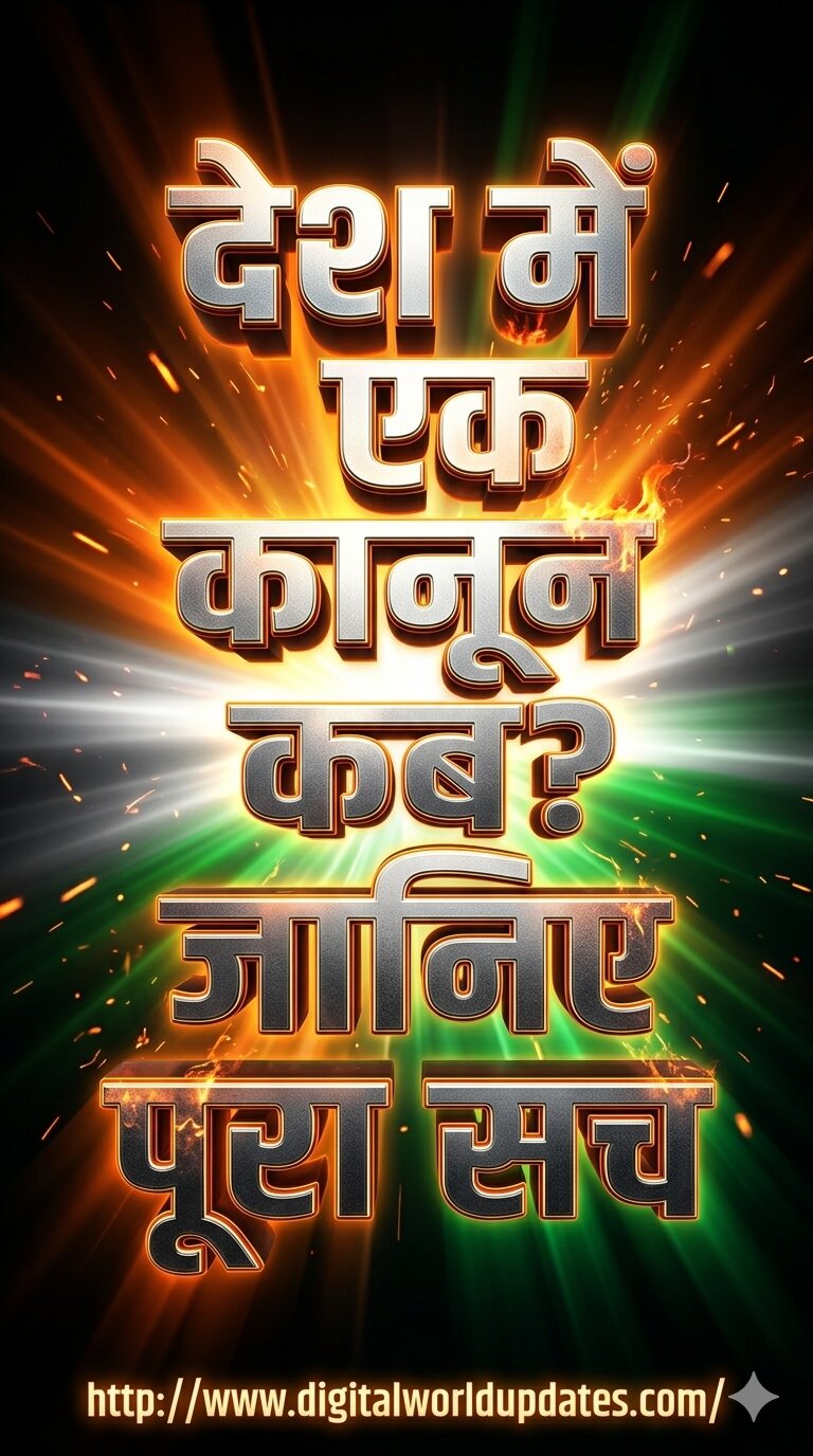 Poster on Uniform Civil Code (UCC) in India with text 'देश में एक कानून कब? जानिए पूरा सच' in 3D Hindi typography, featuring Indian tricolor theme, cinematic lighting, and digitalworldupdates.com URL."