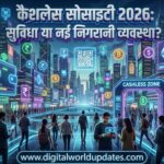 Futuristic 3D image of Cashless Society 2026 showing digital payments, QR codes, biometric scan, smart city background with Hindi title and website URL.