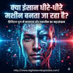 आधा इंसान और आधा रोबोट चेहरा दिखाती फ्यूचरिस्टिक इमेज, AI और डिजिटल टेक्नोलॉजी बैकग्राउंड के साथ, शीर्षक क्या इंसान धीरे-धीरे मशीन बनता जा रहा है लिखा हुआ।