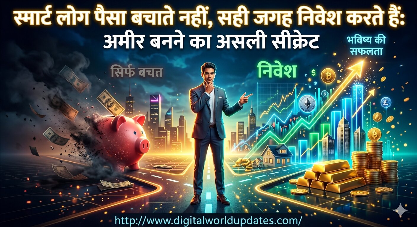 एक आत्मविश्वास से भरपूर व्यक्ति वित्तीय चौराहे पर खड़ा है, जहाँ एक तरफ पुराना पिग्गी बैंक और उड़ता हुआ कैश (बचत) धुंधला पड़ रहा है, और दूसरी तरफ चमकते हुए सोने के बिस्कुट, बढ़ते हुए स्टॉक ग्राफ्स और डिजिटल एसेट्स (निवेश) ऊपर की ओर बढ़ रहे हैं। इमेज पर हिंदी में लिखा है: 'स्मार्ट लोग पैसा बचाते नहीं, सही जगह निवेश करते हैं: अमीर बनने का असली सीक्रेट'।"
