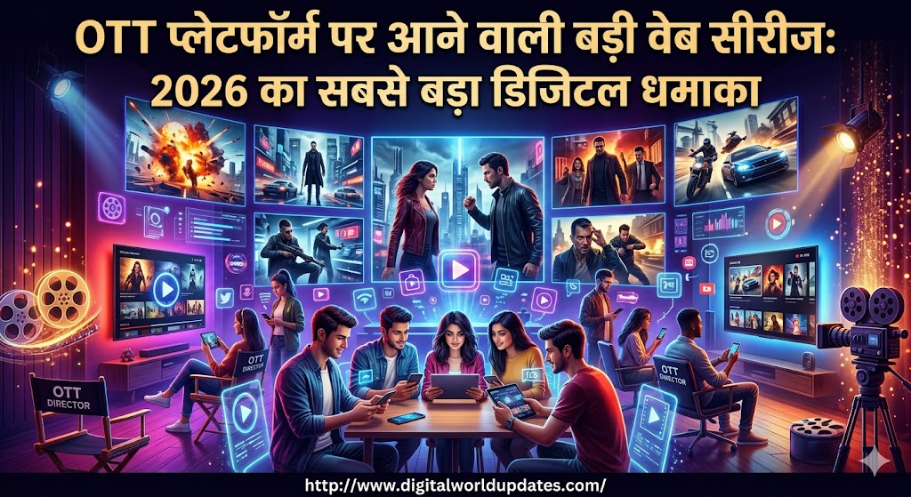 2026 में आने वाली बड़ी OTT वेब सीरीज को दर्शाता रंगीन 3D डिजिटल पोस्टर, जिसमें futuristic streaming platforms, action scenes, smart devices और cinematic entertainment का आधुनिक दृश्य दिखाया गया है।