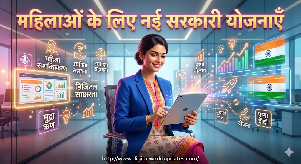 एक मुस्कुराती हुई भारतीय महिला उद्यमी अपने डिजिटल टैबलेट पर काम कर रही है, पृष्ठभूमि में सरकारी सहायता और आत्मनिर्भरता का प्रतीक"